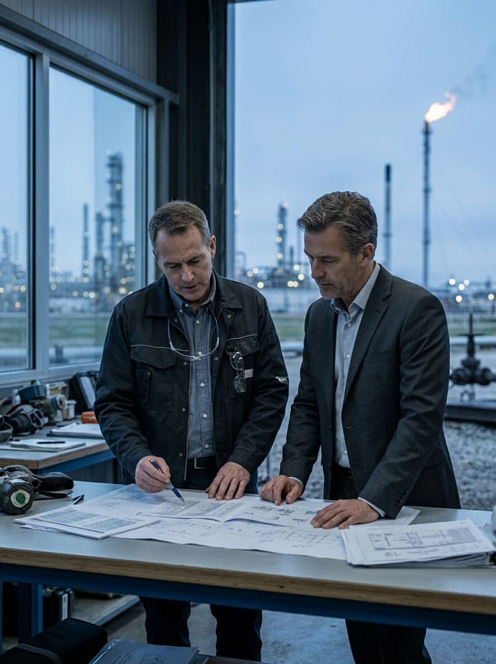 Technischer und kaufmännischer Führungskraft prüfen gemeinsam technische Unterlagen in einem Büro mit Blick auf eine Raffinerie – symbolisiert die erfolgreiche Einführung einer Doppelspitze nach einem Executive-Search-Mandat im Öl- und Gassektor in Nordamerika