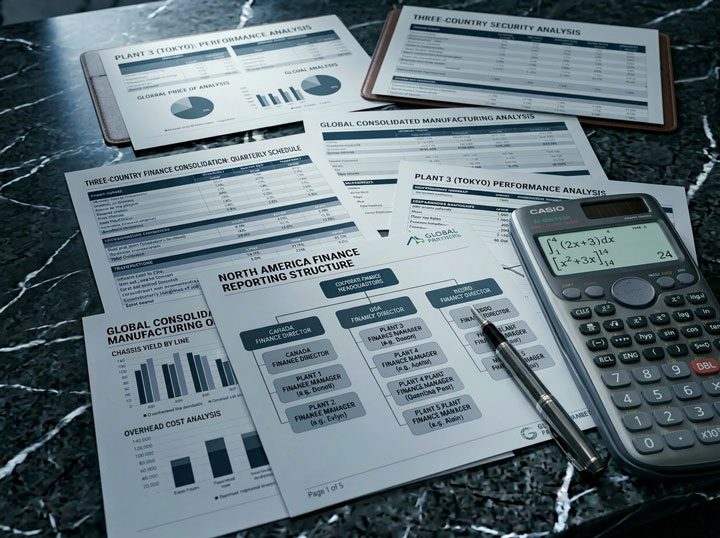 Nordamerikanische Finanz-Reporting-Struktur mit Organigramm für USA, Kanada und Mexiko sowie Werkscontroller-Ebene – symbolisiert die Komplexität der CFO-Funktion in einer transatlantischen Multi-Plant-Automobilorganisation